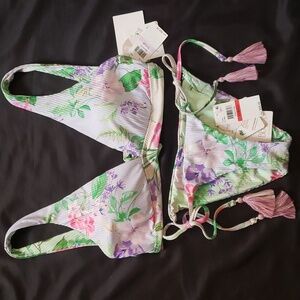 BECCA Floral Bikini Set - Green and Purple NWT Top D Bottoms XS